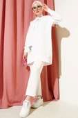 Kapüşonlu Yarım Fermuarlı Baskılı Tunik Beyaz thumbnail 2
