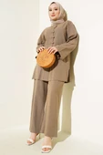Brit Düğmeli Keten Tunik İkili Takım Vizon thumbnail 1