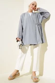 Yandan Çift İp Bağlamalı Kimono Gri thumbnail 2
