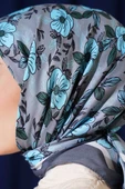 Çiçek Desenli Şeritli Eşarp Füme thumbnail 4