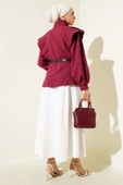 Çizgili Omuz Apoletli Kemerli Ceket Bordo thumbnail 3