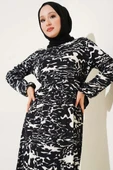 Beli Lastikli Karışık Desen Bürümcük Elbise Siyah thumbnail 2