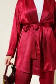 Kuşaklı Kırışık Saten İkili Takım Bordo thumbnail 4