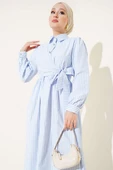 Çizgili Yandan Bağlamalı Elbise Buz Mavisi thumbnail 2