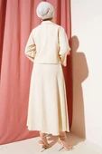 Kruvaze Yaka Ağaç Kabuğu Etekli Takım Bej thumbnail 3