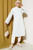 Asimetrik Çizgili Uzun Keten Gömlek Yeşil thumbnail 2