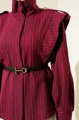 Çizgili Omuz Apoletli Kemerli Ceket Bordo thumbnail 4