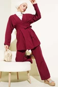 Pensli Bağlamalı Keten İkili Takım Bordo thumbnail 1