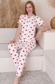 Gömlek Yaka Kalpli Kısa Kol Pijama Takımı Beyaz thumbnail 1