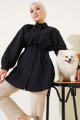 Robalı Balon Kol Kuşaklı Gömlek Siyah thumbnail 1
