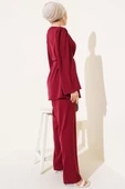 Brit Düğmeli İp Kuşaklı Tunik İkili Takım Bordo thumbnail 3