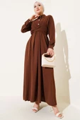 Yarım Düğmeli Önü Çapraz Bağlamalı Elbise Kahve thumbnail 1