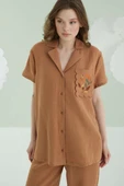 NBB Cep Nakışlı Kısa Kol Müslin Pijama Takım Kahverengi thumbnail 2