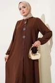 Taş Düğmeli Detaylı Büyük Beden Ferace Kahve thumbnail 2