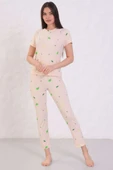 Desenli Bisiklet Yaka Pijama Takımı Bej thumbnail 2