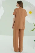 NBB Cep Nakışlı Kısa Kol Müslin Pijama Takım Kahverengi thumbnail 3