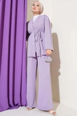 Brit Düğmeli İp Kuşaklı Tunik İkili Takım Lila thumbnail 1