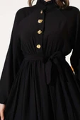 Fırfırlı Düğmeli Elbise Siyah - 4