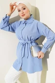 Fırfırlı Bebe Yaka Kuşaklı Gömlek Mavi thumbnail 1