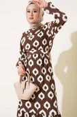 Halka Desen Kuşaklı Bürümcük Elbise Kahve thumbnail 2