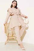 Omuz Fırfırlı Düğme Detaylı İkili Takım Bej thumbnail 1