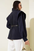 Çizgili Omuz Apoletli Kemerli Ceket Lacivert thumbnail 3
