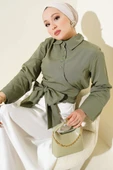 Çapraz Düğmeli Bağlamalı Kısa Gömlek Haki thumbnail 1