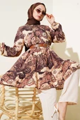 Etnik Desenli Kemerli Tunik İkili Takım Kahve thumbnail 1