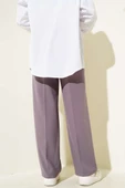 Geniş Paça Düğmeli Kumaş Pantolon Lila thumbnail 3