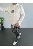 Erkek Oversize Üç İplik Kapüşonlu Sweatshirt – Beyaz Ön Baskılı, Kanguru Cepli, Rahat Kalıp, İçi Pamuklu Model thumbnail 1