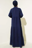Yarım Düğmeli Hakim Yaka Müslin Elbise Lacivert thumbnail 3