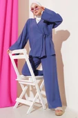 Yandan İp Bağcıklı Kimono İkili Takım İndigo thumbnail 2