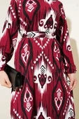 Desenli Kuşaklı Volanlı Elbise Bordo thumbnail 4
