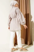 Çizgili Balon Kol Bel Lastikli Tunik Latte thumbnail 3