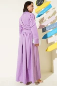 Yarım Düğmeli Bağlamalı Terikoton Elbise Lila thumbnail 3