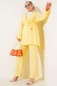 Düğmeli İp Kuşaklı Müslin İkili Takım Sarı thumbnail 1