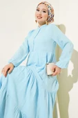 Yarım Düğmeli Hakim Yaka Müslin Elbise Mavi thumbnail 2