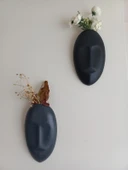 Dekoratif 2'li Yüz Duvar Vazosu, Duvar Süsü ,Heykel Aksesuar Siyah Antrasit Maske thumbnail 1