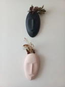 Dekoratif 2'li Yüz Duvar Vazosu, Duvar Süsü ,Heykel Aksesuar Siyah Bej maske thumbnail 3