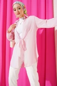 Önü Bağlama Detaylı Keten Kimono Pembe thumbnail 1