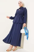 Gizli Düğmeli Kuşaklı Etekli İkili Takım Lacivert thumbnail 1