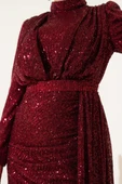 Fermuarlı Pullu Kuşaklı Abiye Elbise Bordo thumbnail 4