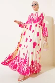 Yaka Bağcıklı Desenli Elbise Fusya thumbnail 1