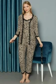 Leopar Dantel Sabahlıklı 3lü Pijama Takım Latte thumbnail 1