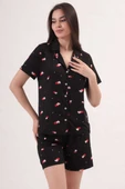 Desenli Gömlek Yaka Şortlu Pijama Takımı Siyah Pudra thumbnail 1