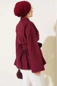 Kuşak Büzgülü Yarım Düğmeli Tunik Bordo thumbnail 3