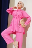 Gömlek Yaka Bel İp Kuşaklı İkili Takım Pembe thumbnail 2