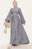 Bilek Lastikli Düğüm Desen Elbise Gri thumbnail 1