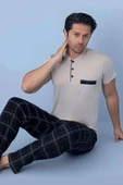 Göğüs Cep Detaylı Kısa Kol Erkek Pijama Bej thumbnail 1