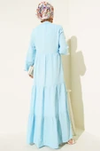 Yarım Düğmeli Hakim Yaka Müslin Elbise Mavi thumbnail 3